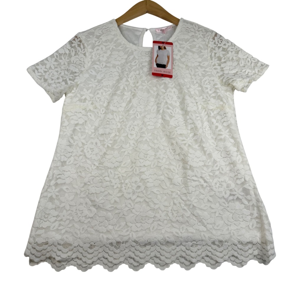 Teddi Rose White Floral Lace Short Sleeve Scalloped Hem Blouse Medium NWT